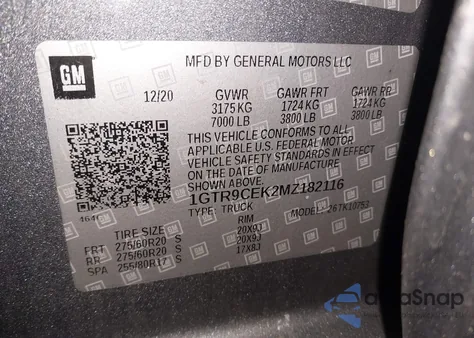 2021 GMC Sierra 1500 4Wd Standard Box Elevation из США, поврежденный, VIN 1GTR9CEK2MZ182116